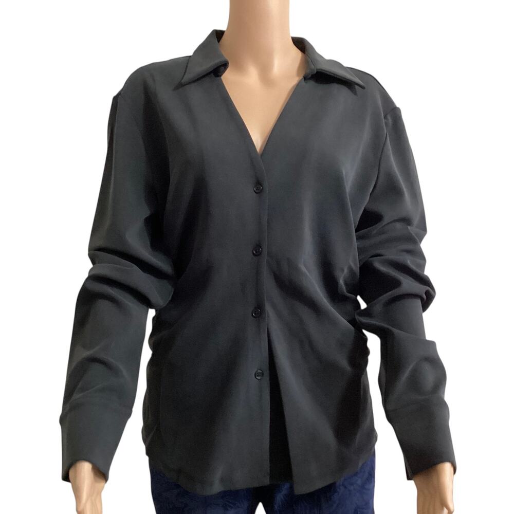 Urban Revivo Black Long Sleeve V-Neck Button-Up Blouse Collared Shirt XXXL